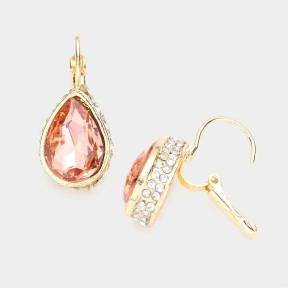 Rhinestone Peach Teardrop Stone Lever Back Gold Evening Earrings - Picture 3 of 5